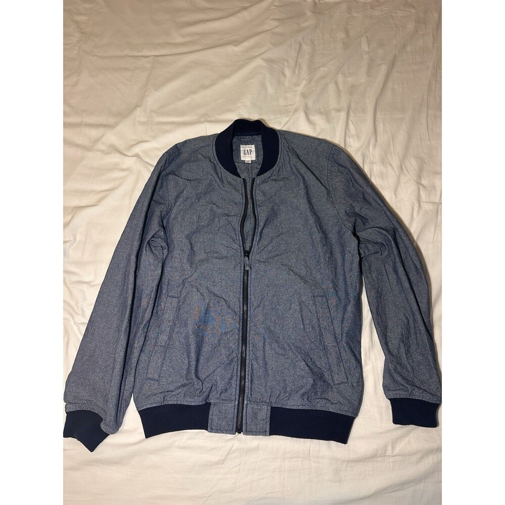 GAP Mens Medium Chambray Bomber Jacket Blue Full Zip Lightweight Casual M